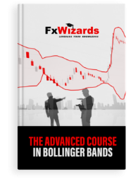 Book cover with two male figures pointing to Bollinger Bands with red and gray candles and at the back a group of skyscrapers. FxWizards logo on top and The Advanced Course in Bollinger Bands at the bottom in black background.