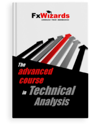 Book cover with seven arrows pointing in top right colored in black and gray with a red one the middle. FxWizards logo on top and The Advanced Course in Technical Analysis at the bottom in black background.