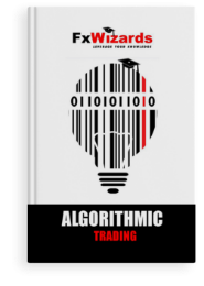 book cover showing tiger with black dots, sitting in front of skyscrapers and staring at you. FxWizards logo on top and Book cover with a light bulb comprised of black vertical lines and one red line, made up of zeros and ones. FxWizards logo on top and Algorithmic Trading at the bottom in black background.Chart Construction at the bottom in black background.