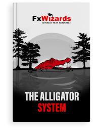 Book cover with a head of red alligator out of the water in a swamp between three cypress trees. Grayscale background. FxWizards logo on top and The Alligator System at the bottom in black background.