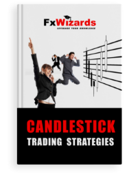 Book cover with two men and one woman in suits jumping in the air smiling in front of four black declining candles and four white rising.  FxWizards logo on top and Candlestick Trading Strategies at the bottom in black background.