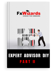 Book cover with one man pushing to the left a jigsaw puzzle piece made up of many black and one red vertical line. FxWizards logo on top and Expert Advisor Part II at the bottom in black background.