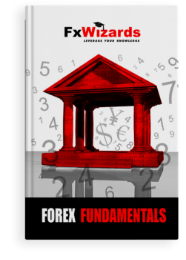 Book cover with a Bank monument in red and number and currency symbols in the background. FxWizards logo on top and Forex Fundamentals at the bottom in black background.