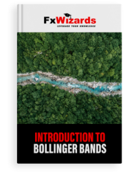Book cover with a dense green forest and a blue river flowing in the middle. FxWizards logo on top and Introduction to Bollinger Bands at the bottom in black background.