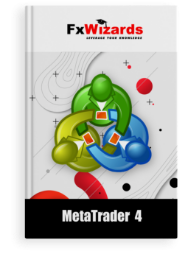 the MetaTrader 4 on the cover of the book. FxWizards logo on top and MetaTrader 4 written at the bottom in black background