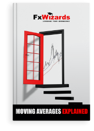Book cover with a red door open revealing prices hovering above two moving averages. FxWizards logo on top and Moving Averages Explained at the bottom in black background.
