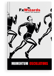 Book cover with three male runners in black shorts and sleeveless t shirts on white background. FxWizards logo on top and Momentum Oscillators at the bottom in black background.