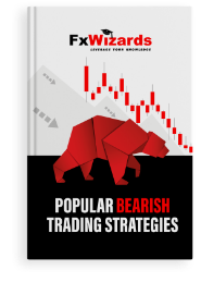 Book cover with a red bear and bearish candlesticks in red. FxWizards logo on top and Popular Bearish Trading Strategies at the bottom in black background.