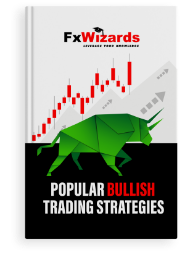 Book cover with a green bull and bullish candlesticks in red. FxWizards logo on top and Popular Bullish Trading Strategies at the bottom in black background.