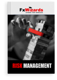 Book cover with a Jenga skewed to the right and a hand carefully removing a red block. FxWizards logo on top and Risk Management at the bottom in black background.