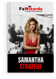 Book cover with a blond lady in red dress on a black and white background showing a boardroom meeting. FxWizards logo on top and Samantha Strategy at the bottom in black background.
