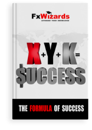 Book cover with an equation of x plus y plus k equals to success with the first s being a us dollar sign. FxWizards logo on top and The Formula of Success at the bottom in black background.