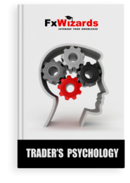 Book cover with an outline of a human face with four Plutchik wheels of emotions in the brain colored red, black, dark and light gray. FxWizards logo on top and Trader’s Psychology at the bottom in black background.