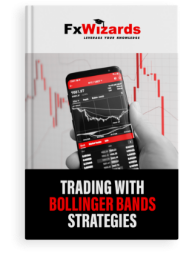 Book cover with a black mobile showing price action on the screen and Bollinger Bands with red candles in the book cover background. FxWizards logo on top and Trading with Bollinger Bands Strategies at the bottom in black background.