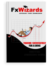 Book cover with a trader on a hammock made by an up trendline holding a laptop and in the background a square grid table. FxWizards logo on top and Trading Successfully for a Living at the bottom in black background.