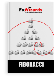 Book cover with a six rows of white rabbit pairs. Each row follows the Fibonacci series. A spiral image superimposed on the cover. White background. FxWizards logo on top and Fibonacci at the bottom in black background.