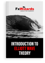 Book cover with a gray image showing a big wave in the sea. FxWizards logo on top and Introduction to Elliott Wave Theory at the bottom in black background.